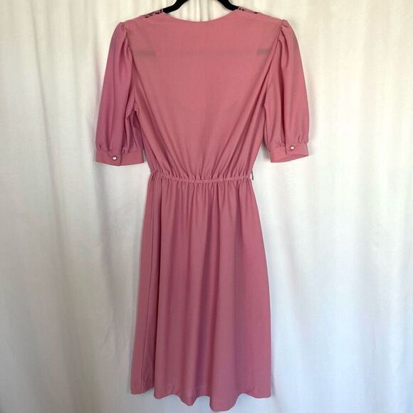 Vintage 70s 80s Pink Mauve Midi Dress Lace Women’s 8 or Small-Medium Stretchy Po - Picture 14 of 14